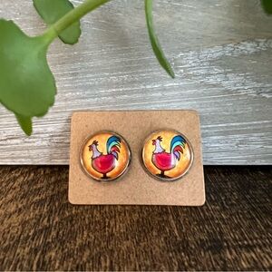 Colorful Rooster Glass Dome Stud Earrings